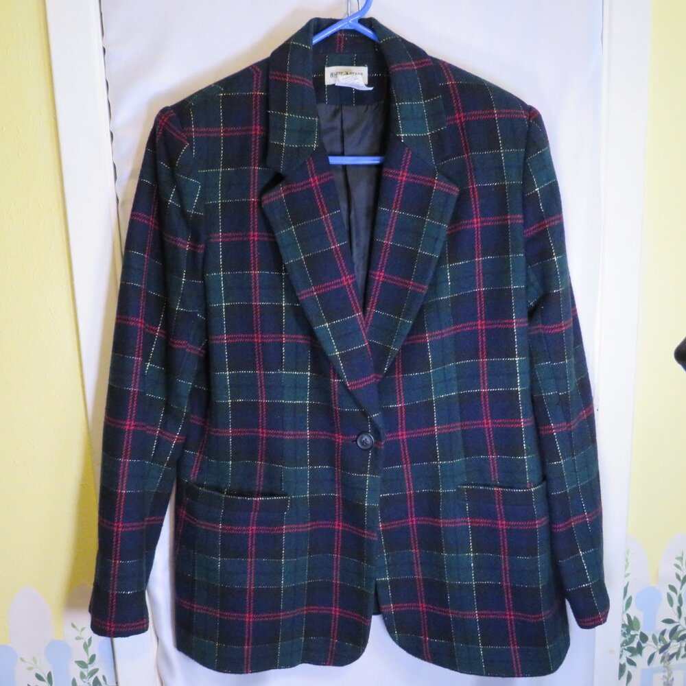 Vintage White Stag Plaid Wool-Blend Blazer Jacket Size 6 Women's
